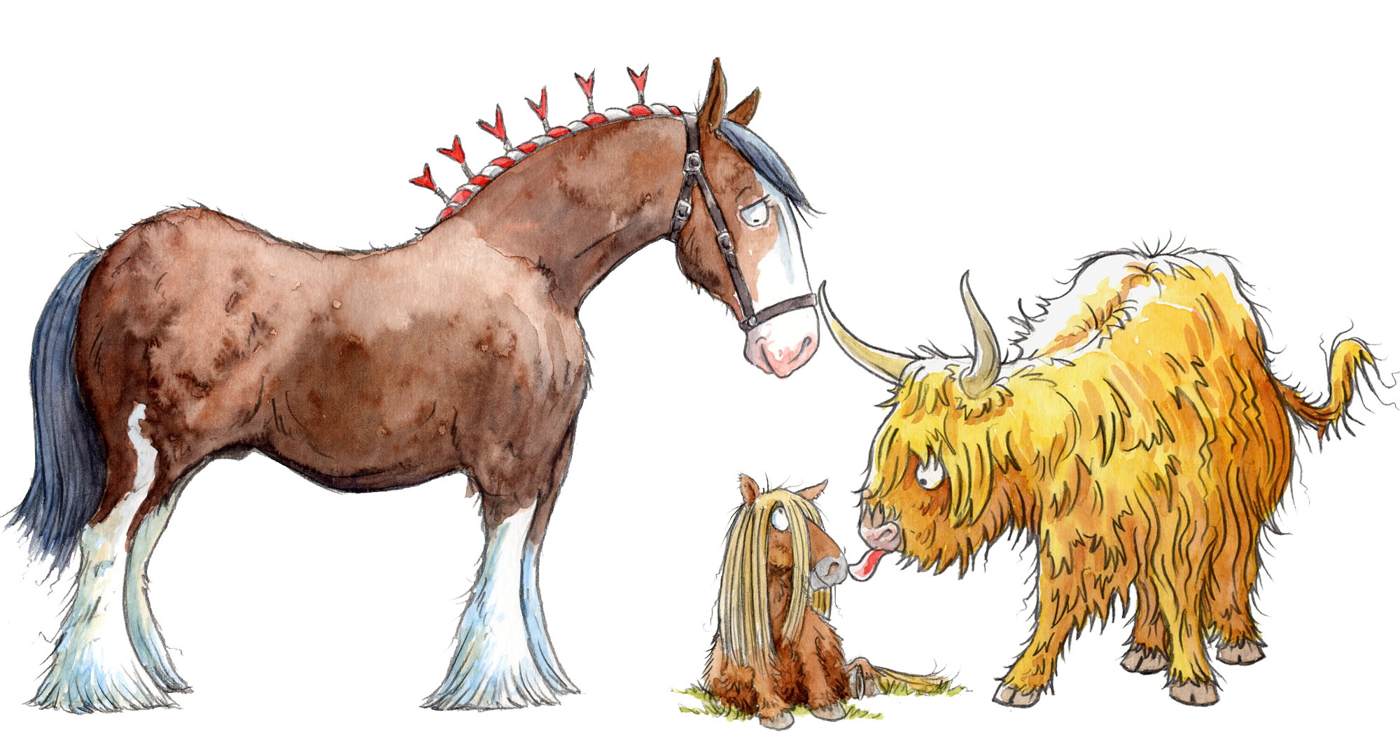 shire horse, pony, highland cow caricatures