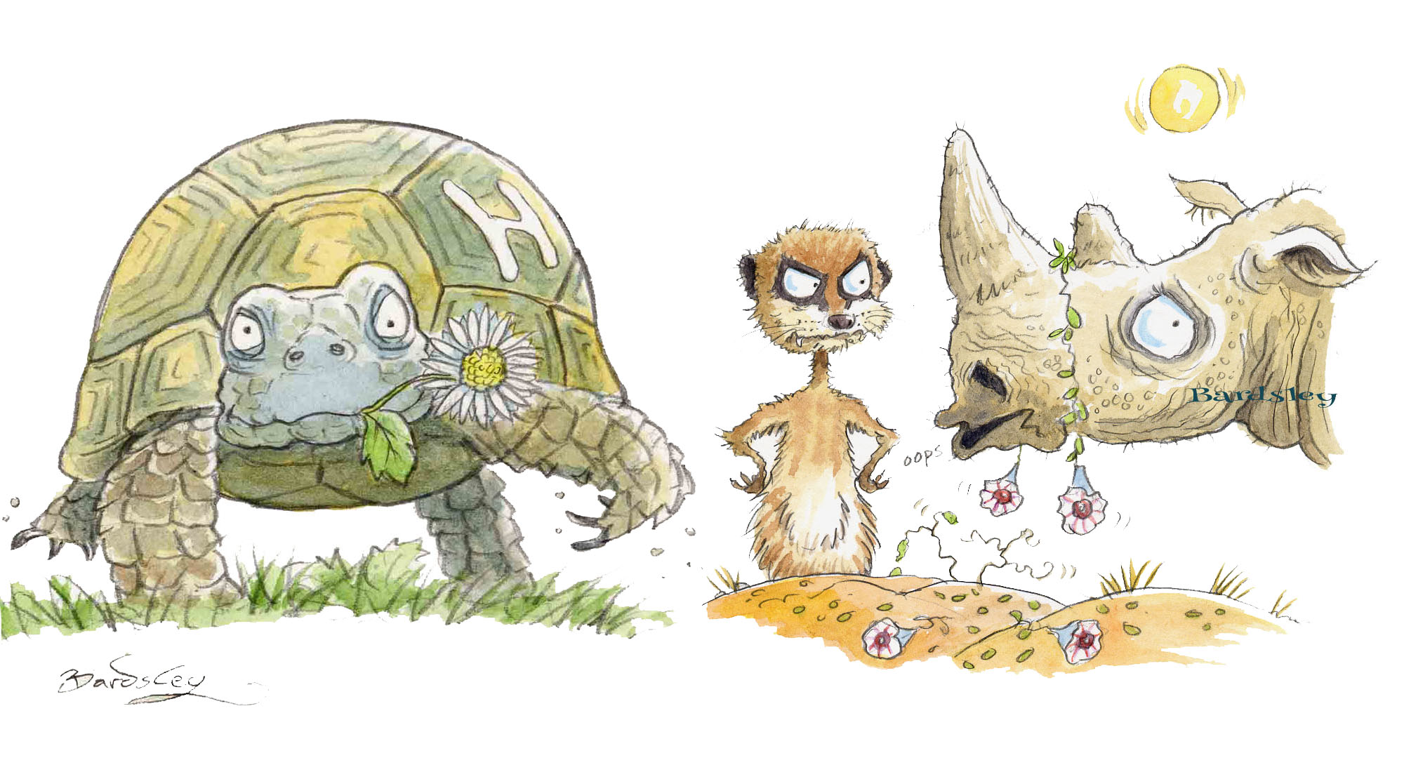 tortoise rhino meercat caricatures