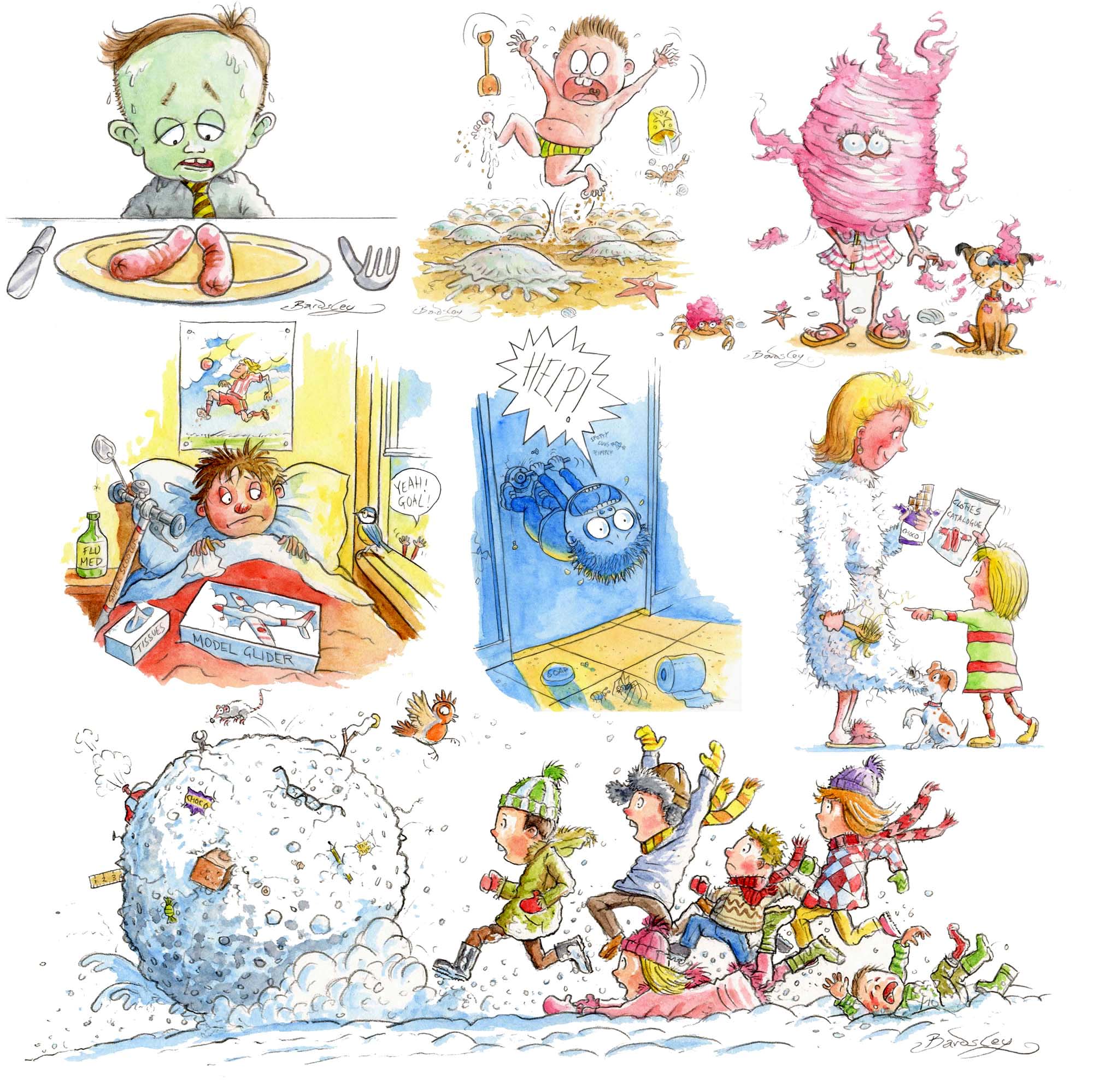 children's book illustrations: sausage dinner, jellyfish, candyfloss, boy with flu, boy locked in loo, girl annoyed by mummy's scruffy dressing gown, kids 
chasing giant snow ball