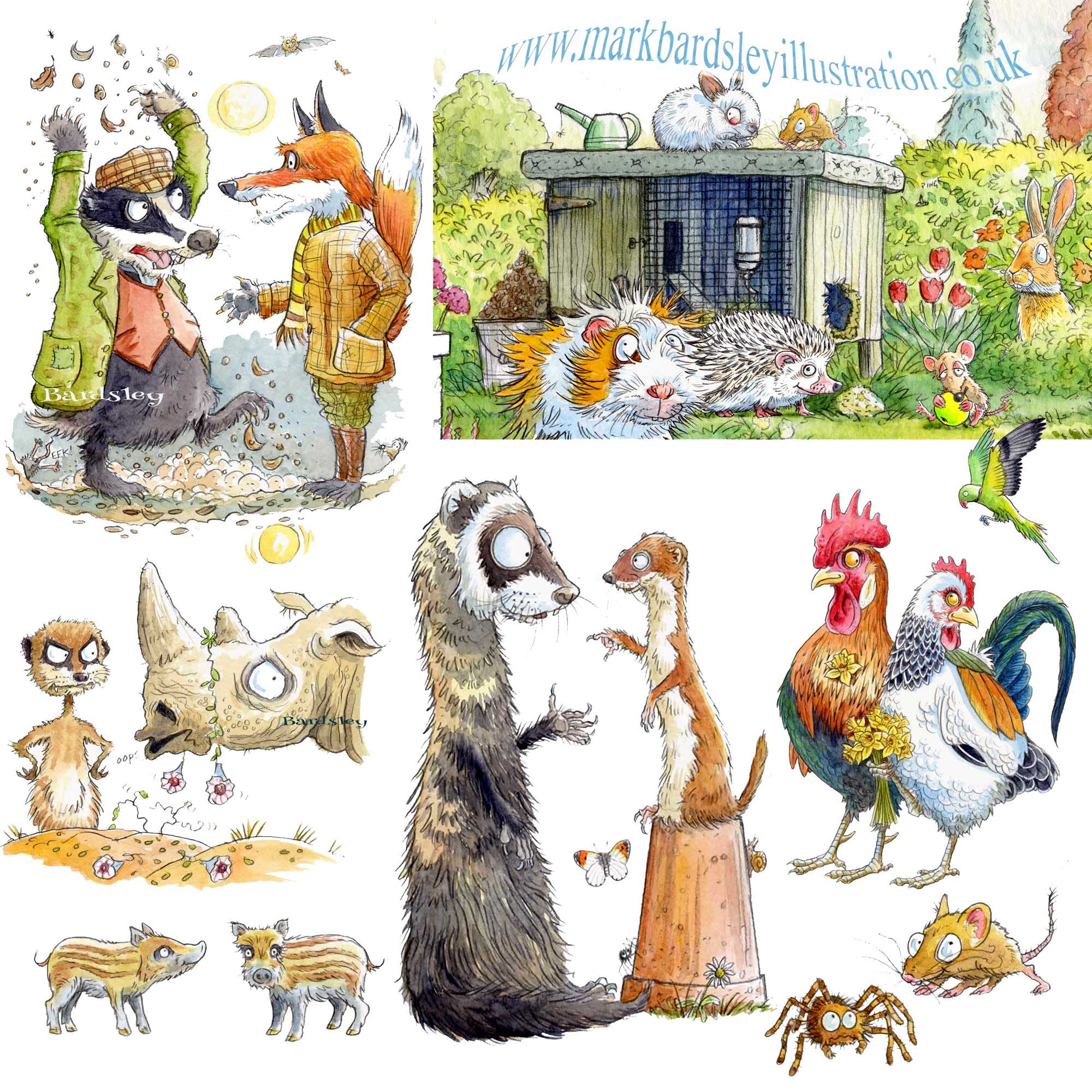 illustrations: fox, badger, guinea pig, rabbits, hedgehogs, meercat, rhino, ferret, weasek, chickens, wild boar piglets, tarantula, mouse, butterfly parakeet.