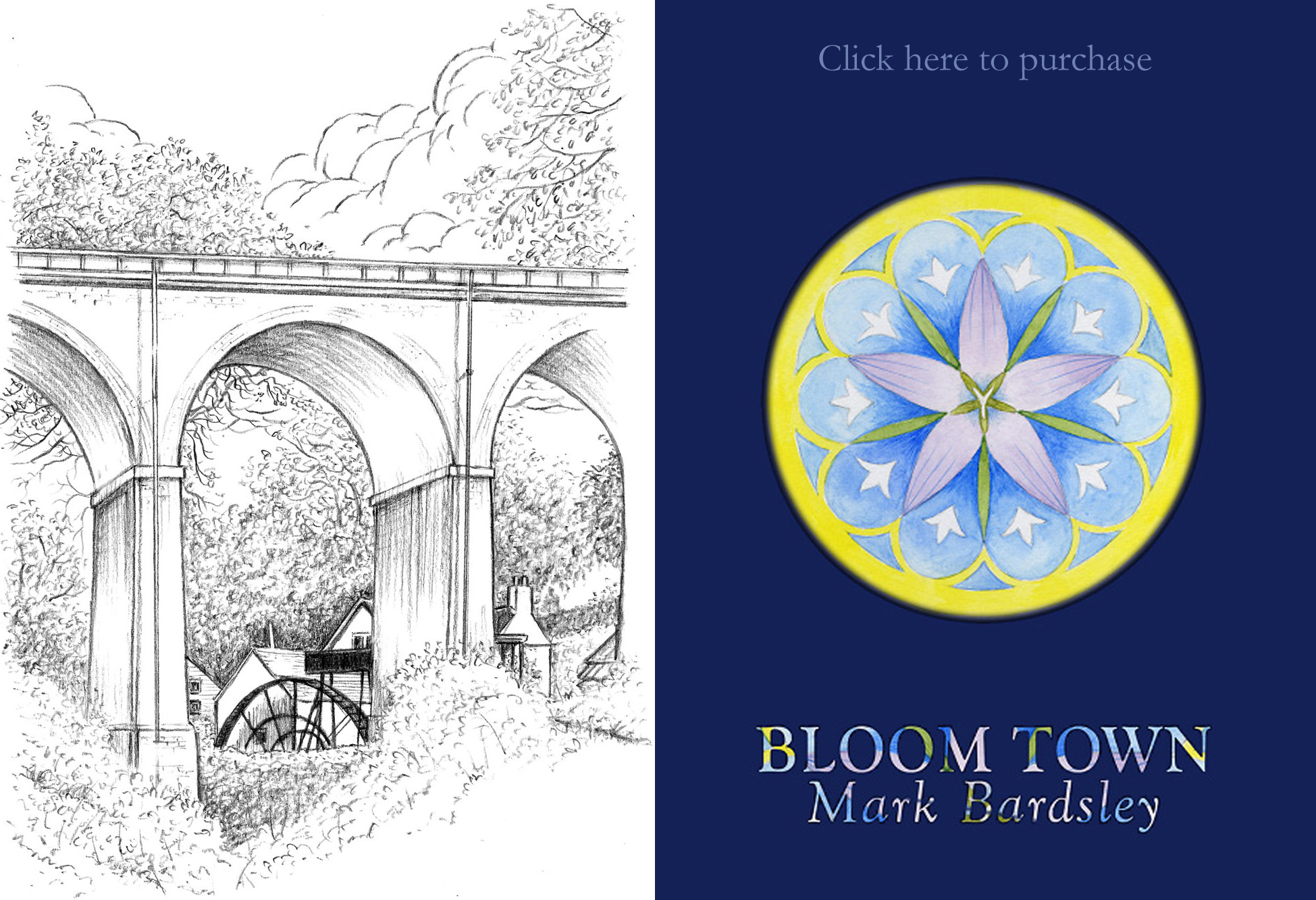  water mill illustration and Bloom Town cover design linked to Yew Tree Press website for purchasing