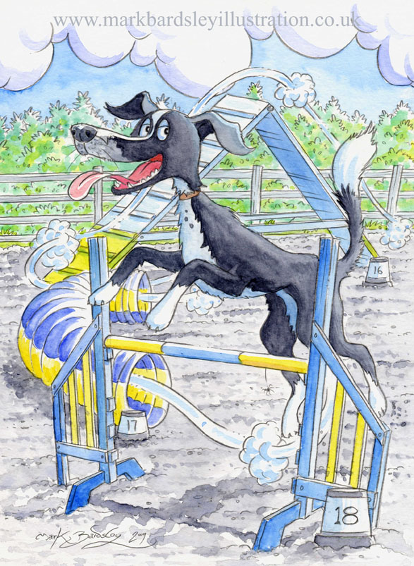  caricature of border collie agility course