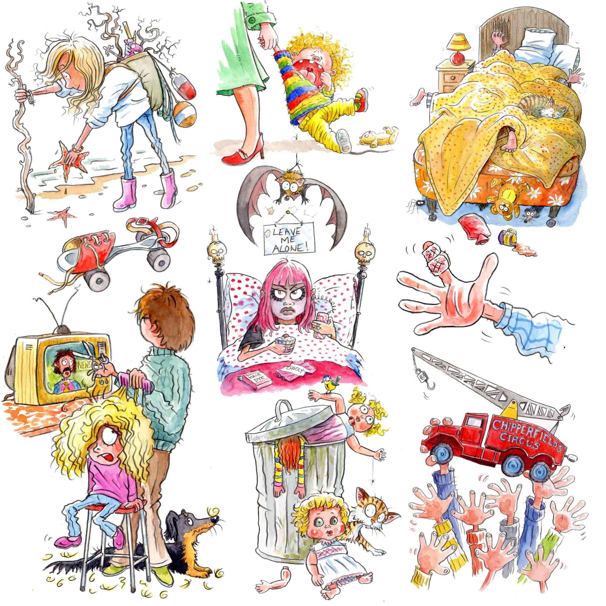 children's book illustrations: beach combing, at the dentist, trapped under the bedclothes, haircut, grumpy goth kid, toys in dustbin, toy lorry, 
roller skate, sausage dog