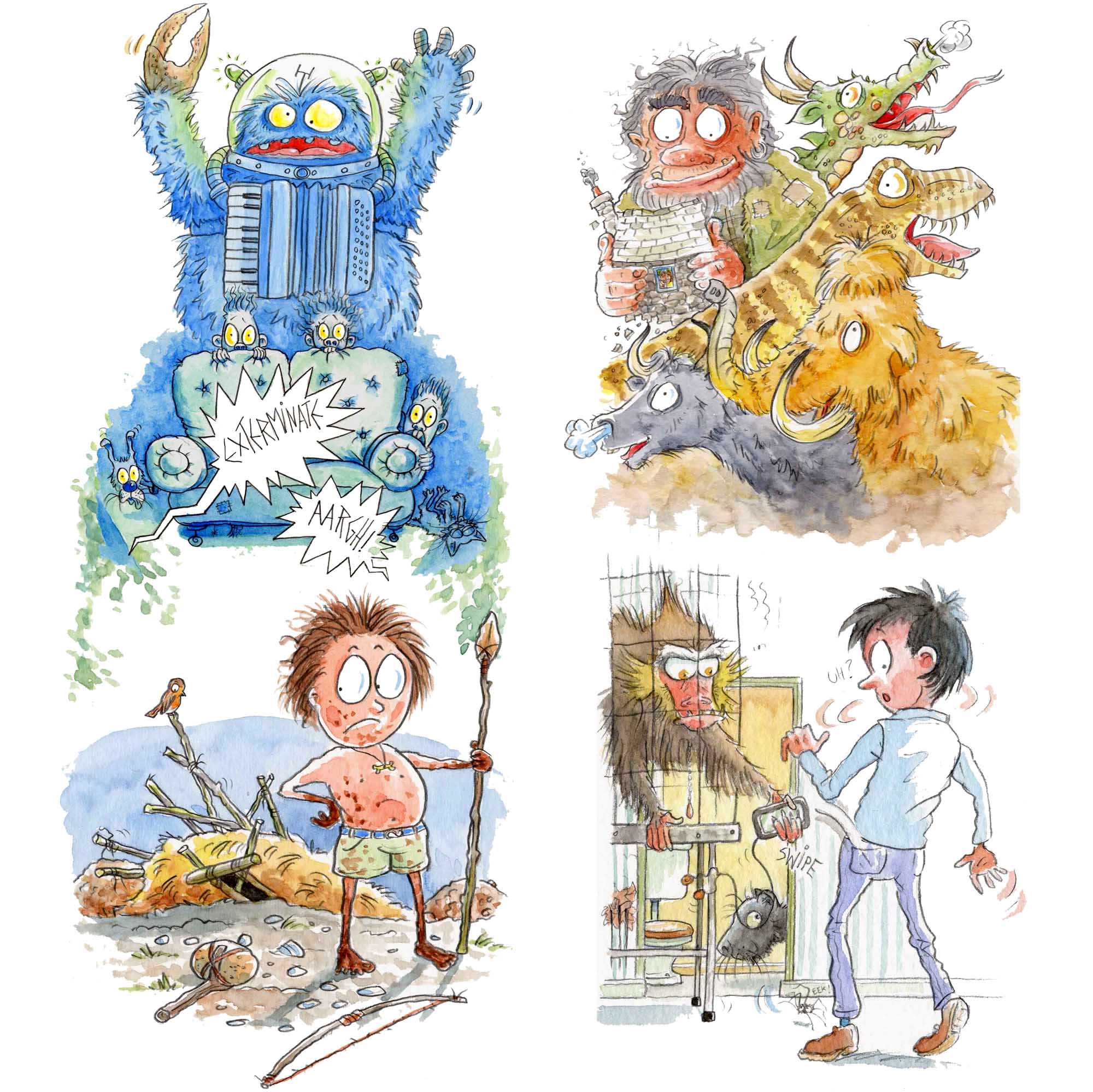 illustrations: dr who monster, dragon, t.rex, hairy mammoth, scary monkey pickpocket, stone age child