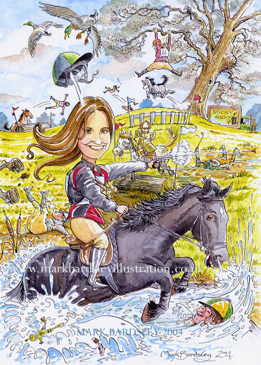 Humorous show jumping scene, private commission