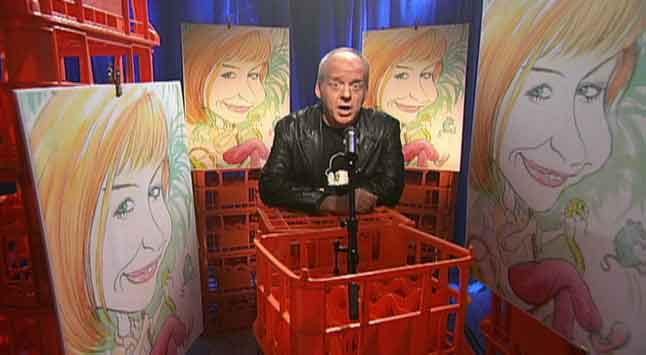 still from Wedi Saith on S4C featuring Sian Lloyd caricature as set decoration